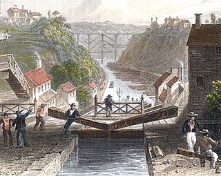 A[പ്രവർത്തിക്കാത്ത കണ്ണി] painting of the Erie Canal, depicted in 1839.