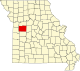 Mapa de Misuri con la ubicación del condado de Johnson
