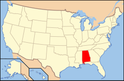 Ligging van die deelstaat Alabama in die Verenigde State van Amerika.