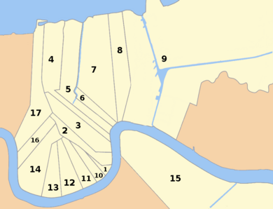 Map shows the 17 wards of New Orleans. Not shown: southern portion of the 15th Ward, northeastern portion of the 9th Ward. On the map Lake Pontchartrain is to the north and the Mississippi River is to the south; the 15th Ward is the only one south of the Mississippi River where Algiers is located. Map of Wards of New Orleans with Number Labels.png