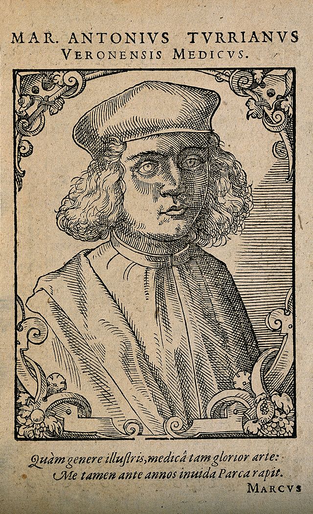 Gravure présentant un homme en buste. Quelques phrases en Latin écrites au-dessus et au-dessous du portrait.