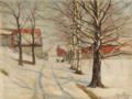 A winter landscape with farms in the snow by Marie Tannæs, 1918