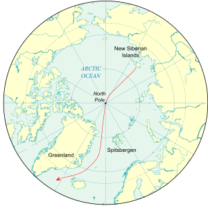 Portion of the globe centred on the North Pole, showing the continental masses of Eurasia and America, also Greenland, Spitsbergen and the New Siberian Islands. The theoretical drift is shown by a line from the New Siberian Islands, through the North Pole and then reaching the Atlantic Ocean by passing between Spitsbergen and Greenland.