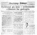 Norrköpings Tidningar kertoo marraskuussa 1918 Saksan ja ympärysvaltojen tehneen aselevon.