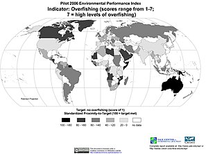 Darker shades mean less overfishing, lighter shades mean more overfishing. EPI scores range from 1-7; 7=highest level of overfishing. Overfishing (5456651935).jpg