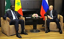 Vladimir Putin meets the President of the African Union, Macky Sall, in Sochi to discuss grain deliveries from Russia and Ukraine to Africa, 3 June 2022 Putin-Sall meeting (2022-06-03) 03.jpg