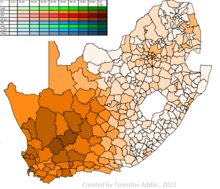 Share of National Party votes in 1994. The areas which voted for the National Party were largely Afrikaans- or English speaking RSA 1994 NP.png