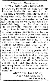 "Stop the Runaway. Fifty Dollars Reward." Andrew Jackson offered to pay extra for more violence (The Tennessee Gazette, October 3, 1804)