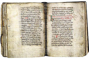 The oldest known vernacular manuscript in Scanian (Danish, c. 1250). It deals with Scanian and Scanian Ecclesiastical Law. ScanianLaw B74.jpg