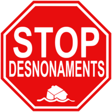 Logo of the Plataforma d'Afectats per la Hipoteca, a Catalan housing rights advocacy group, which means "Stop Evictions" Stop desnonaments.png