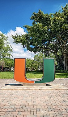 The iconic U statue, which stands nearly seven feet high and weighs nearly 1,000 pounds, on the University of Miami campus in March 2020 U State.jpg