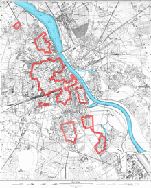 Polish Home Army positions, outlined in red, on the western bank of the Vistula (4 August 1944) Warszawa Powstanie 1944-08-04.png