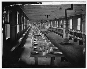 Mess hall heated by elaborate stoves