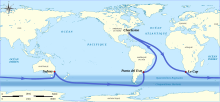 Mappemonde illustrant le parcours du BOC Challenge 1994-1995, départ de Charleston, aux États-Unis, escales au Cap, en Afrique-du-Sud, Sydney en Australie et Punta del Este en Uruguay.