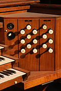 Casavant Frères Organ Great and Pedal Stops to the right of the manuals.