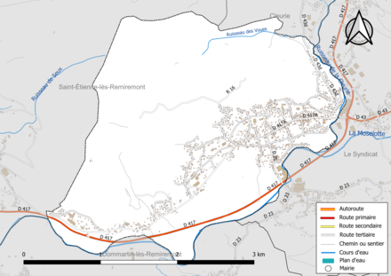 Carte en couleur présentant le réseau hydrographique de la commune