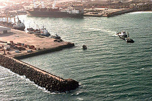 Aerial view of the Port of MOGADISHU. Three ca...