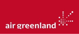 The Air Greenland workmark and starburst trademark in red on a white background