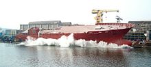 A ship launching at the Northern Shipyard in Gdansk, Poland Brosen northern side lauching2.jpg