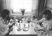 A woman and her husband, both medical students, and their triplets in East Germany in 1984. The GDR had state policies to encourage births among educated women. Bundesarchiv Bild 183-1984-0807-017, Leipzig, Familienszene.jpg