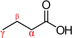 Скелетная формула масляной кислоты с отмеченными альфа, бета и гамма-атомами углерода