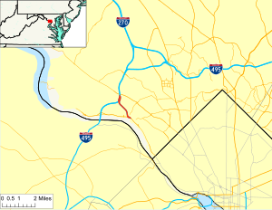 A map of southern Montgomery County, Maryland showing major roads. Cabin John Parkway runs from the Clara Barton Parkway to I-495.