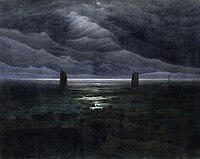 Seashore by Moonlight (1835–36). 134 × 169 cm. Kunsthalle, Hamburg. His final "black painting", Seashore by Moonlight, is described by William Vaughan as the "darkest of all his shorelines."[44]