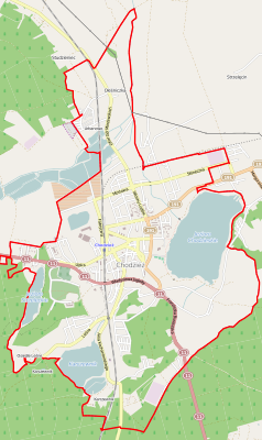 Mapa konturowa Chodzieży, blisko centrum na lewo znajduje się punkt z opisem „Chodzież”