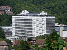 Built in 1962-63 for Brighton Polytechnic (now the University of Brighton), the Cockcroft Building is now one of the university's main buildings. Cockcroft Building, University of Brighton, Lewes Road, Brighton (seen from Birling Close footpath).JPG