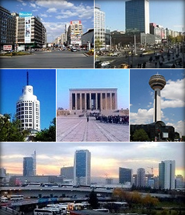 Top left: Kızılay Square, Top right: Ankara Castle walls, Middle left: The BDDK building in Ankara, Middle: Anıtkabir, Middle right: Atakule Tower, Bottom left: Ethnography Museum of Ankara, Bottom right: YHT high-speed train at the Ankara Central Station.