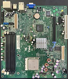 This computer motherboard used in a personal computer is the result of computer engineering efforts. Dell Dimension C521 Motherboard.jpg