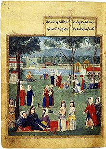Illustration in the Zenanname showing women at the Sadabad gardens, with the canal and pavilions in the background Enderuni1.jpg