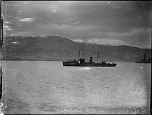 HMCS Cobalt near Hvalfjordur, Iceland. Canada occupied Iceland following the British invasion of Iceland. in June 1940. HMCS COBALT leaving Hvalfjord. From HMS Victorious. 16 and 17 November 1941, at Hvalfjord, Iceland. IWM A6403.jpg
