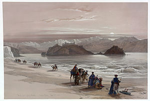 מפרץ אילת ואי האלמוגים, ציור של דייוויד רוברטס משנת 1839.