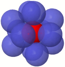 A highly symmetrical realization of the kissing number 12 in three dimensions is by aligning the centers of outer spheres with vertices of a regular icosahedron. This leaves slightly more than 0.1 of the radius between two nearby spheres. Kissing-3d.png