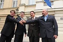 Ivan Jakovcic, Zoran Milanovic, Radimir Cacic and Silvano Hrelja announcing the formation of the Kukuriku Coalition on 15 July 2011. Kukuriku.jpg