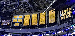 Championship banners from Minneapolis and Los Angeles & retired jerseys, hanging in the rafters of Crypto.com Arena in 2022 Lakers banners & retired jerseys 2022.jpg