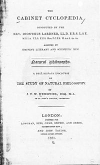 Jedna z titulních stran Cabinet Cyclopædia, tato s Herschelovým A Preliminary Discourse on the Study of Natural Philosophy