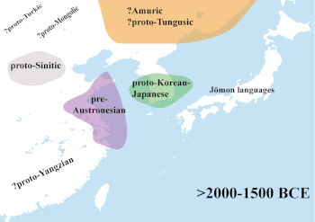 Distribution of languages in ancient East Asia proposed by J. Marshall Unger (2013), which includes pre-Austronesian / Austro-Tai. Linguistic-map-of-ancient-East-Asia.gif