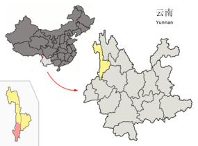 Lushuis läge i Nujiang, Yunnan, Kina.