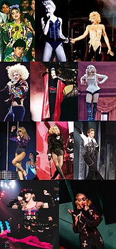 Typically, Madonna is credited for creating the modern concert tour in numerous ways, including as a theatrical spectacle in which the female music artist is placed centre stage. Madonna tour collage.jpg