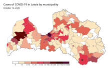 Confirmed cases of COVID-19 in Latvia by municipalities.--> Map of cases of COVID-19 in Latvia by region, continued.svg