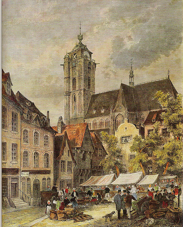 Etching of the view on the marketplace in Duisburg by Theodor Weber, 1850