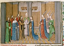 A royal marriage, painted c. 1475 Marriage of Bohemond I and Constance - Chronique d'Ernoul et de Bernard le Tresorier (late 15th C), f.170 - BL Royal MS 15 E I.jpg