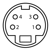 Mini-DIN de 4 pins: el rectangle descentrat i les entalles circumdants són una orientació per l'acoblament.