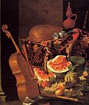 Stillleben mit Musikinstrumenten, Obst und Porzellan auf einem Orientteppich, Galleria Palatina (Palazzo Pitti), Florenz