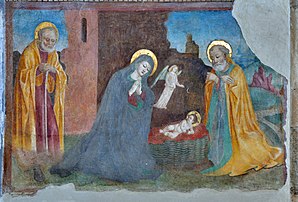 La Nativité (XVe siècle), fresque peinte en l'église del Santissimo Corpo di Cristo de Brescia par Paolo da Caylina l'Ancien. (définition réelle 5 322 × 3 612)