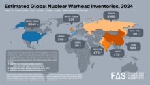 The number of nuclear warheads by country in 2024, based on an estimation by the Federation of American Scientsts. Nuke-world-map-2024.png