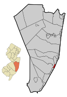 Map of Harvey Cedars in Ocean County. Inset: Location of Ocean County highlighted in the State of New Jersey.