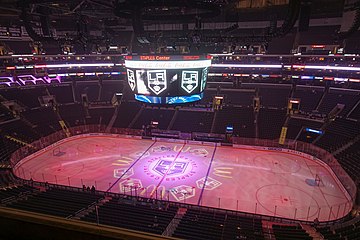 The arena in 2016, prior to a Kings game featuring the new jumbotron. Penguins @ Kings (30737094236).jpg